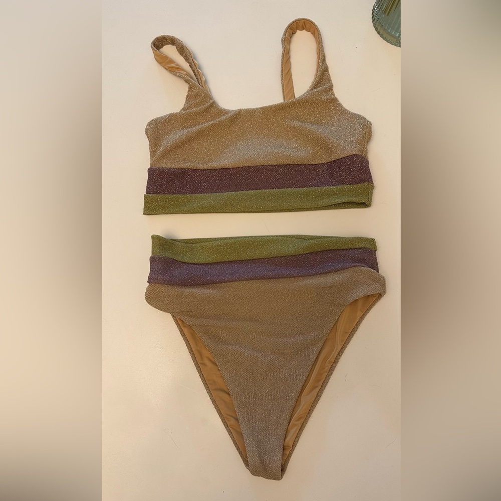 Beach Riot Gold Shimmer Bikini with Purple and Olive Bands